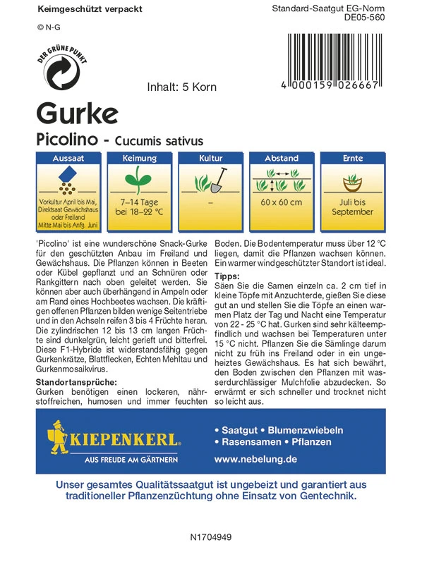 Gurke Picolino F1 | Gurkensamen Von Kiepenkerl 1 Gurke Picolino F1 | Gurkensamen Von Kiepenkerl